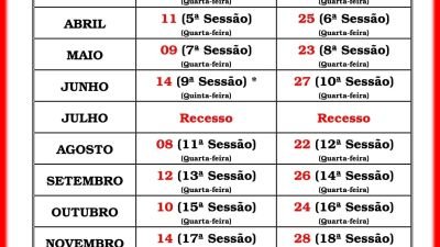 Calendário das Sessões Ordinárias Exercício 2018