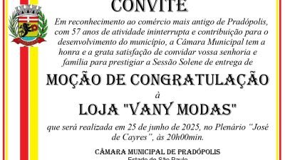 Convite para Moção de Congratulação à Loja Vany Modas